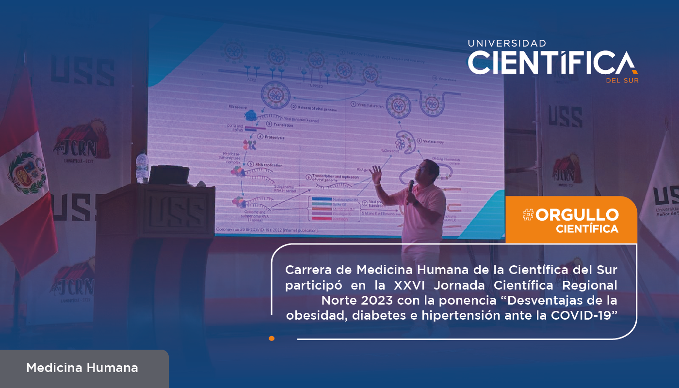 Carrera de Medicina Humana de la Científica del Sur participó en la XXVI Jornada Científica Regional Norte 2023 con la ponencia “Desventajas de la obesidad, diabetes e hipertensión ante la COVID-19”